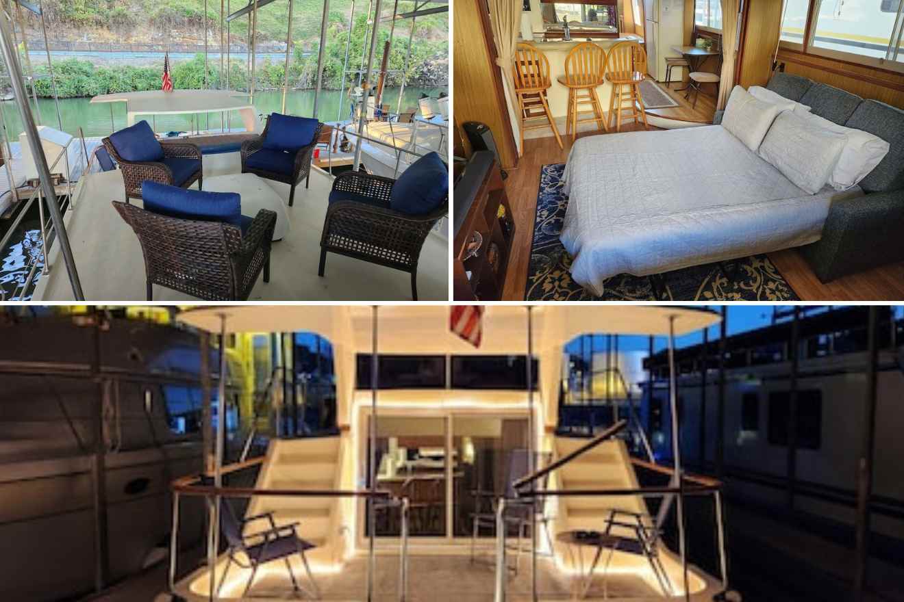 collage of 3 images with a yacht, bedroom, and sitting area