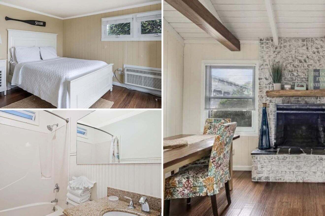 collage of 3 images containing a fireplace, bedroom, and bathroom