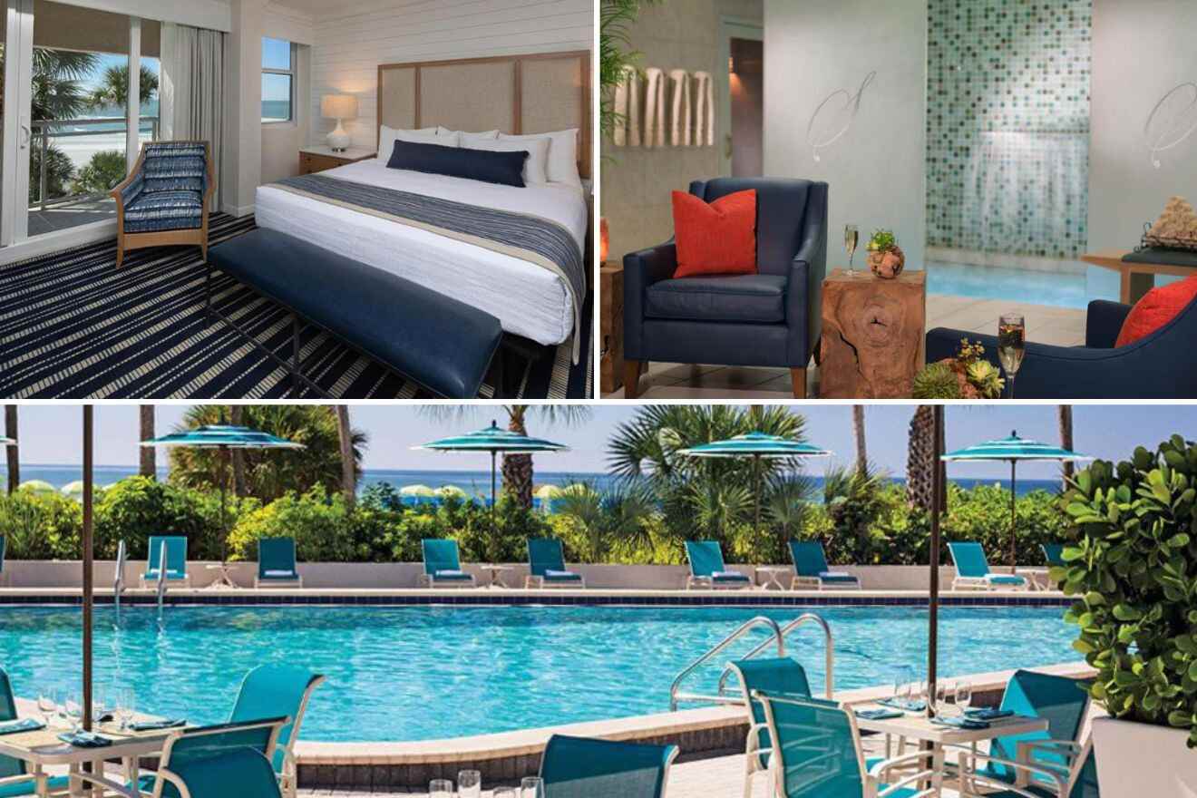 collage of 3 images containing a swimming pool, a bedroom, and a lounge area