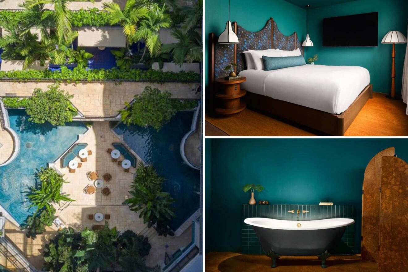 collage of 3 images containing a swimming pool, bedroom, and bathtub