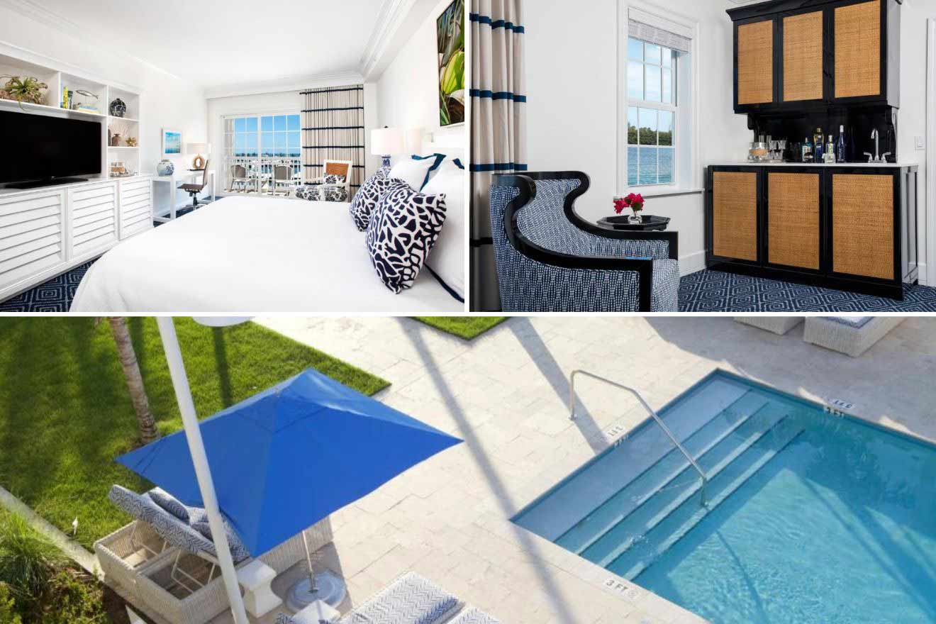 collage of 3 images containing a swimming pool, bedroom, and sitting area