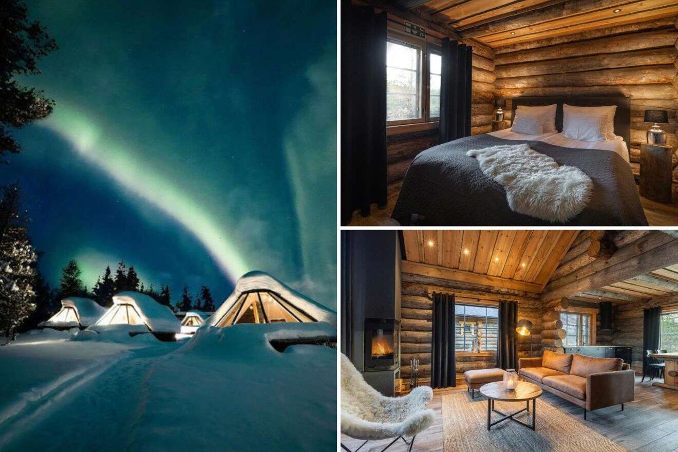 collage of 3 images containing a bedroom, a lounge area, and an outdoor view  of igloos and the northern lights