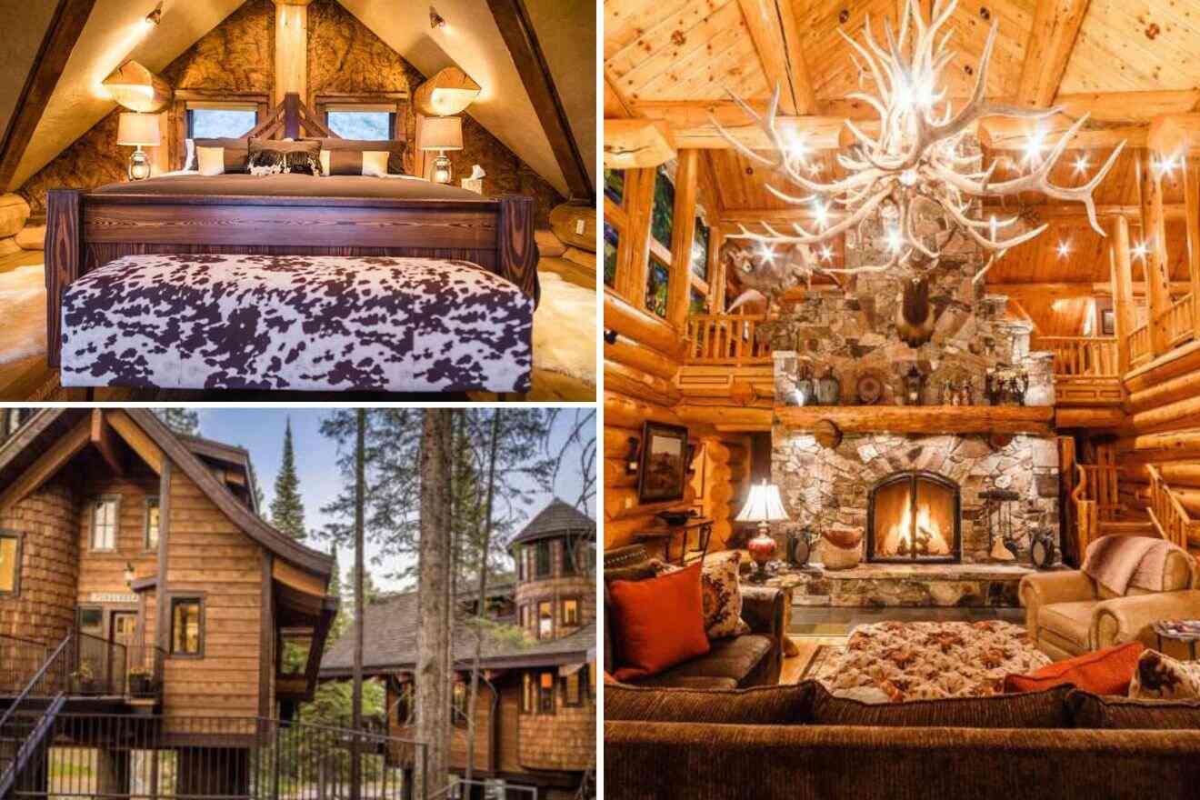collage of 3 images containing the exterior of the cabin, bedroom, and lounge area next to the fireplace