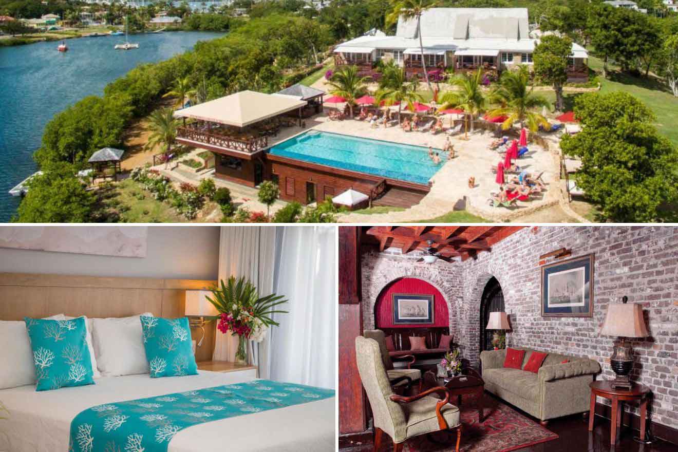 collage of 3 images containing an aerial view over the resort, bedroom, and lounge area