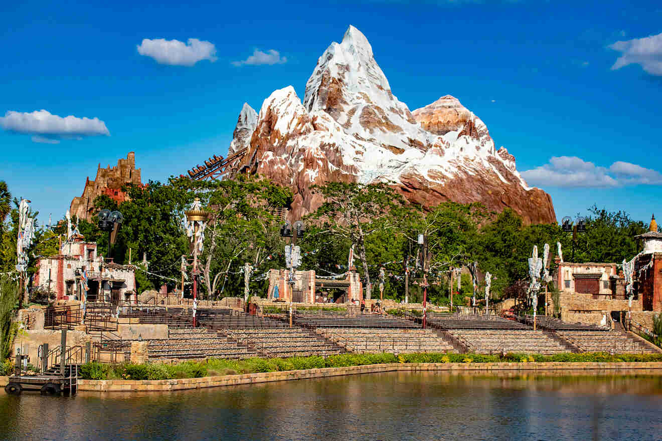 Expedition Everest mountain and Theater on lightblue cloudy sky background at Animal Kingdom 