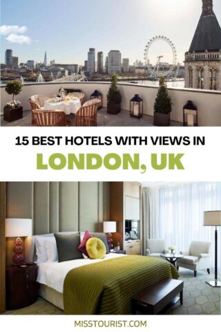collage of 2 images containing a lounge area with a view over London Eye and a bedroom, 
