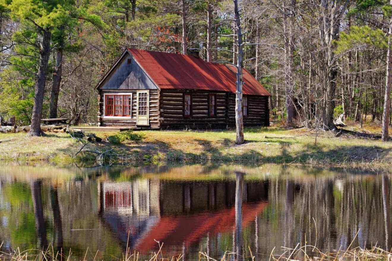 cabin in the woods by the lake
