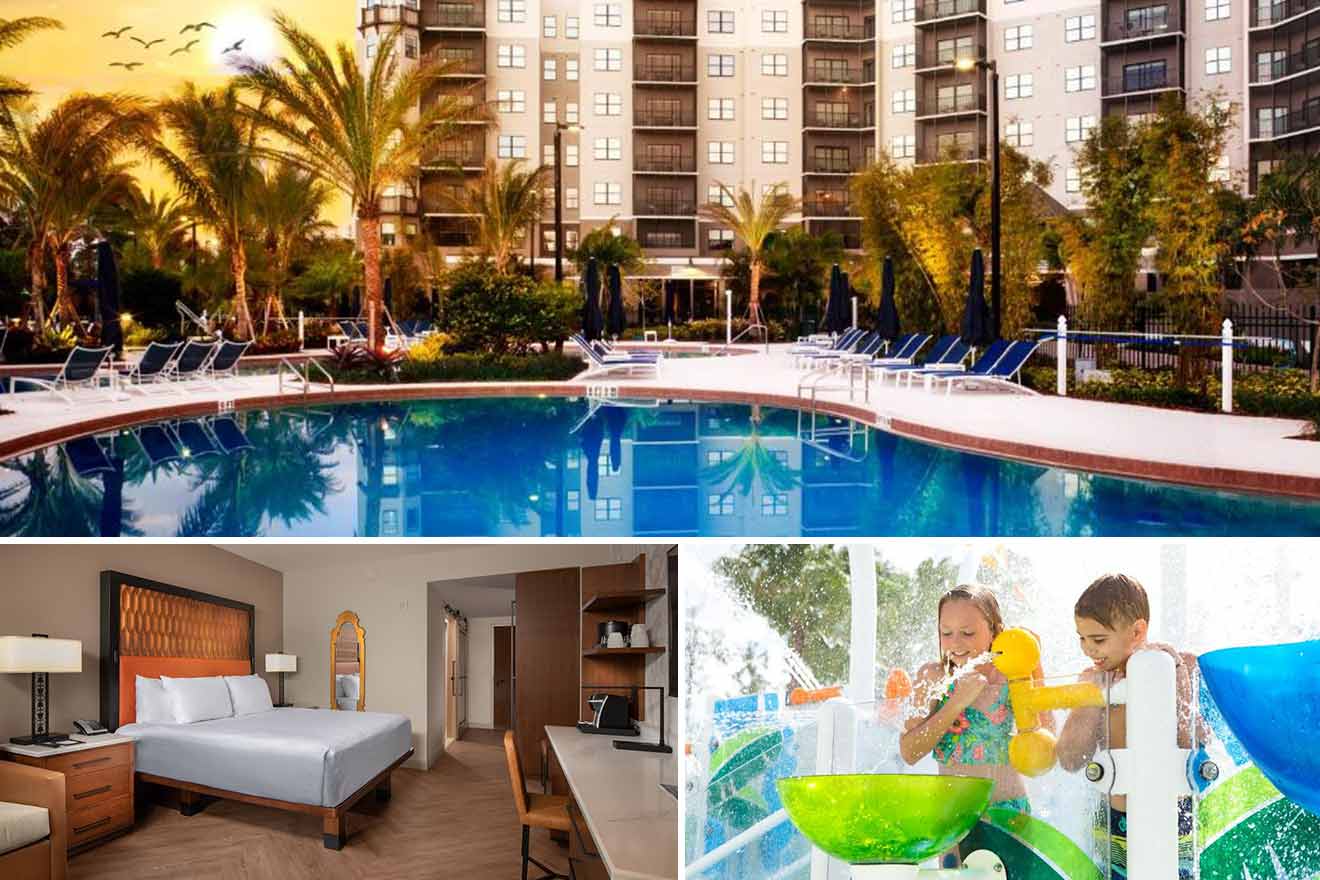 collage of 3 images containing view hotel's pool, bedroom, and children playing in the water park
