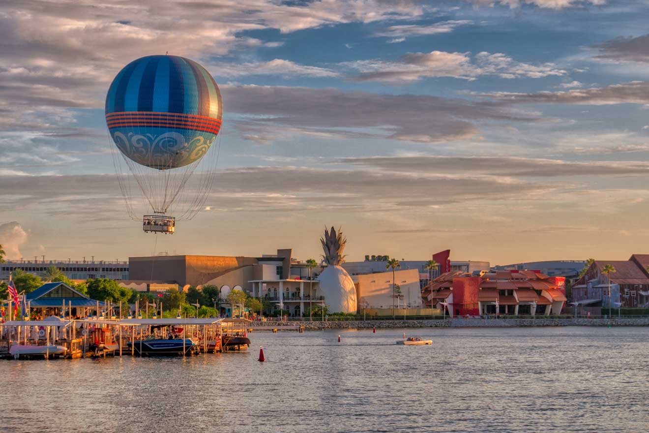 Disney Springs at Sunset with Hot Air Balloon