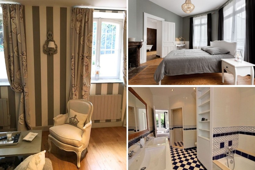collage of 3 images containing a sitting area, bathroom and bedroom