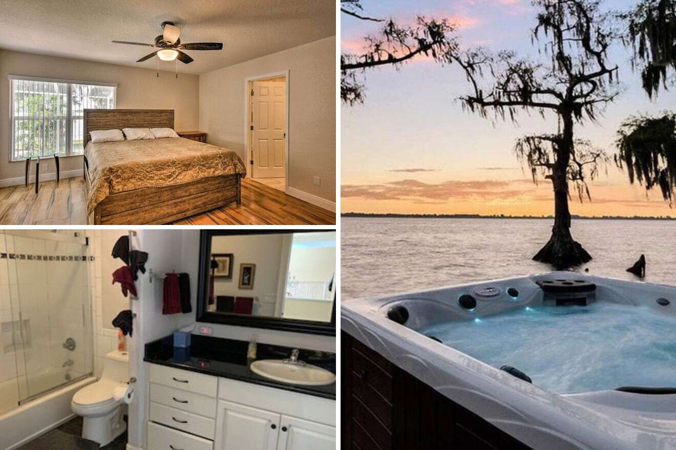 collage of 3 images containing a jacuzzi, bedroom, and bathroom