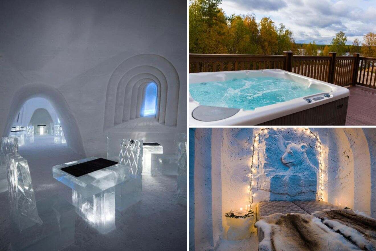 collage of 3 images containing a bedroom, ice sculptures, and outdoor jacuzii