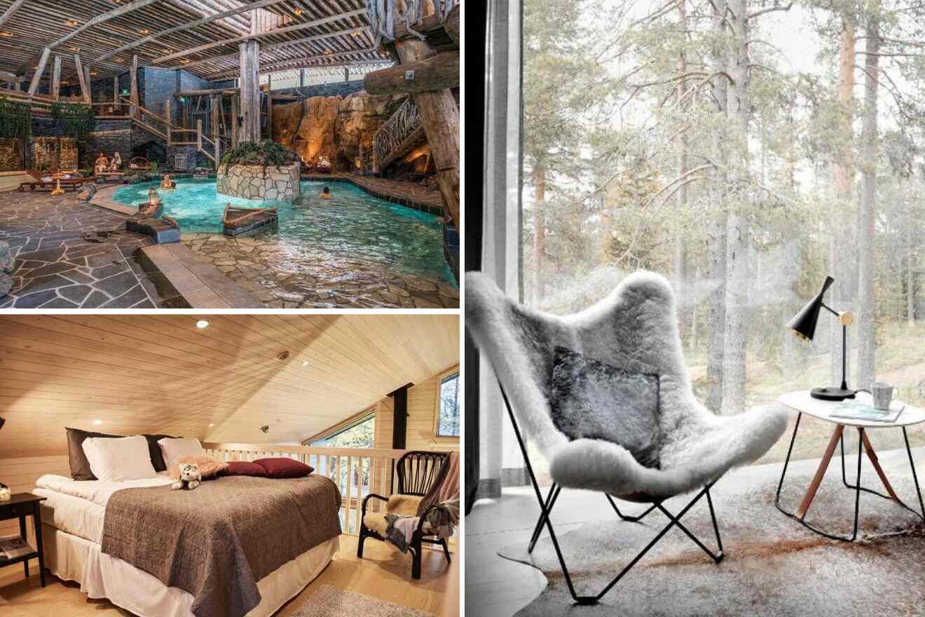 collage of 3 images containing a bedroom, a lounge area, and indoor swimming pool