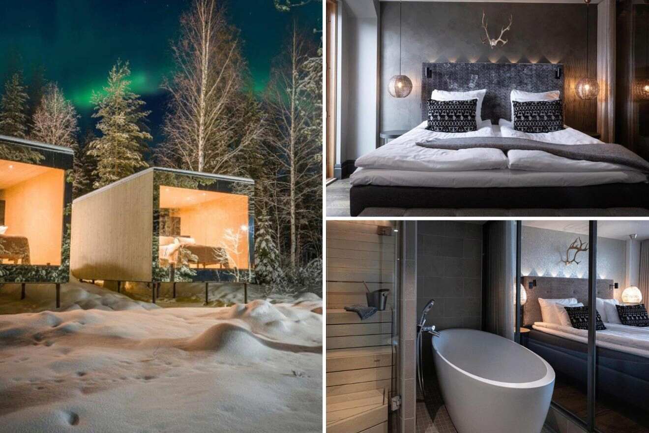 collage of 3 images containing a bedroom, a bathroom, and an outdoor view  of igloos and the northern lights
