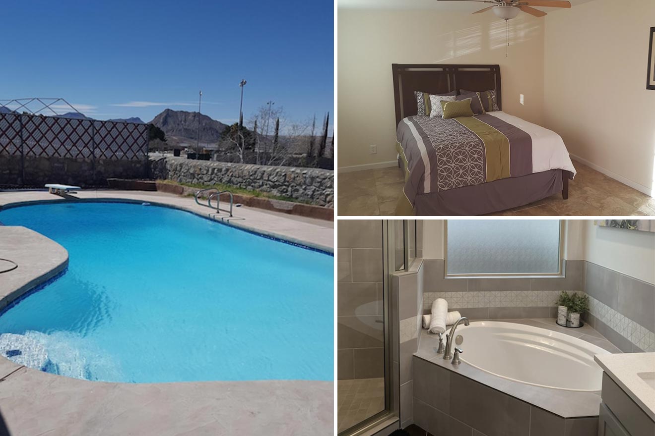 collage of 3 images containing swimming pool, bedroom, and bathroom 