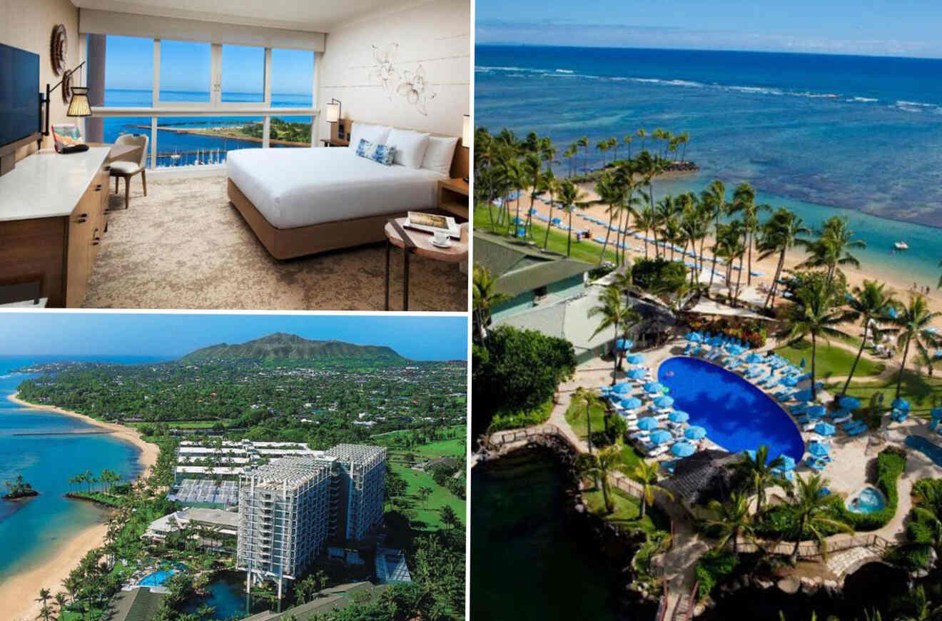 a collage of three photos: bedroom, swimming pool, and aerial view of the hotel