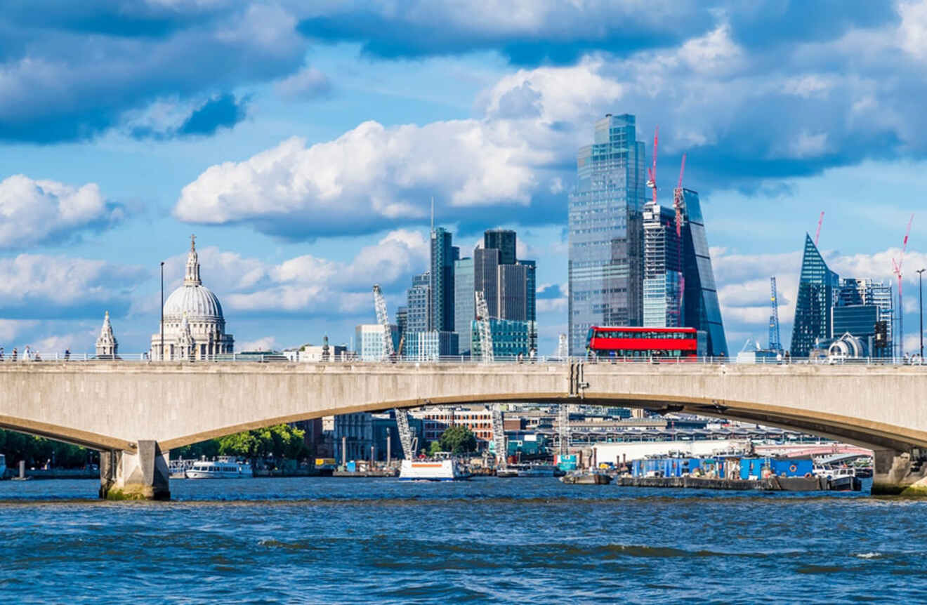 View of the Waterloo bridge with London buildings in the background
