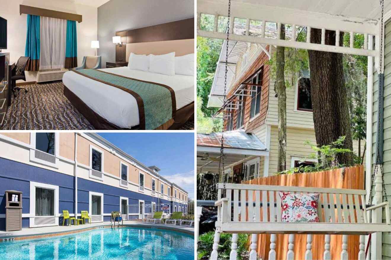 collage of 3 images containing a bedroom, terrace with a swing and swimming pool