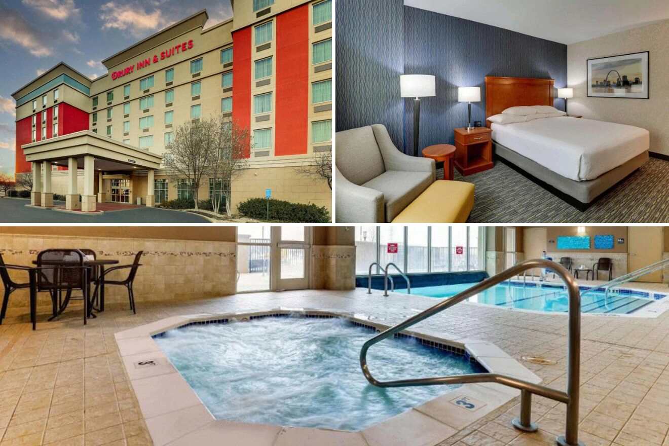 A collage with three photos: view of the exterior of the hotel, bedroom, and indoor jacuzzi and swimming pool