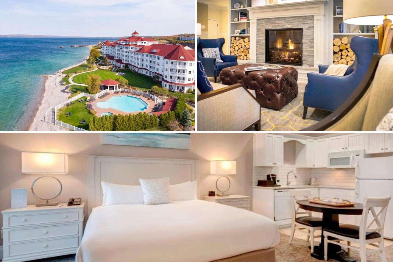 a collage with three photos: aerial view of the hotel, lounge area with fireplace, and bedroom