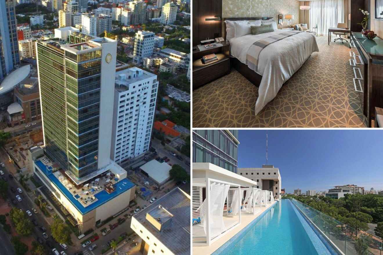 A collage of three photos: aerial view of the hotel exterior, bedroom, and outdoor rooftop pool