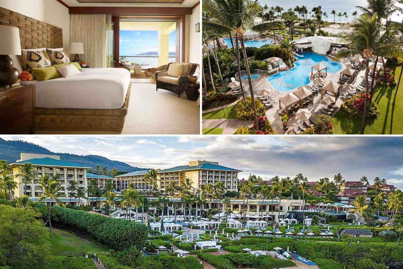 A collage of three photos: bedroom, aerial view of outdoor pool, and distant view of resort exterior