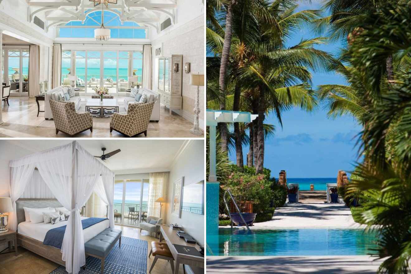 photo collage with swimming pool with sea view, lounge and bedroom