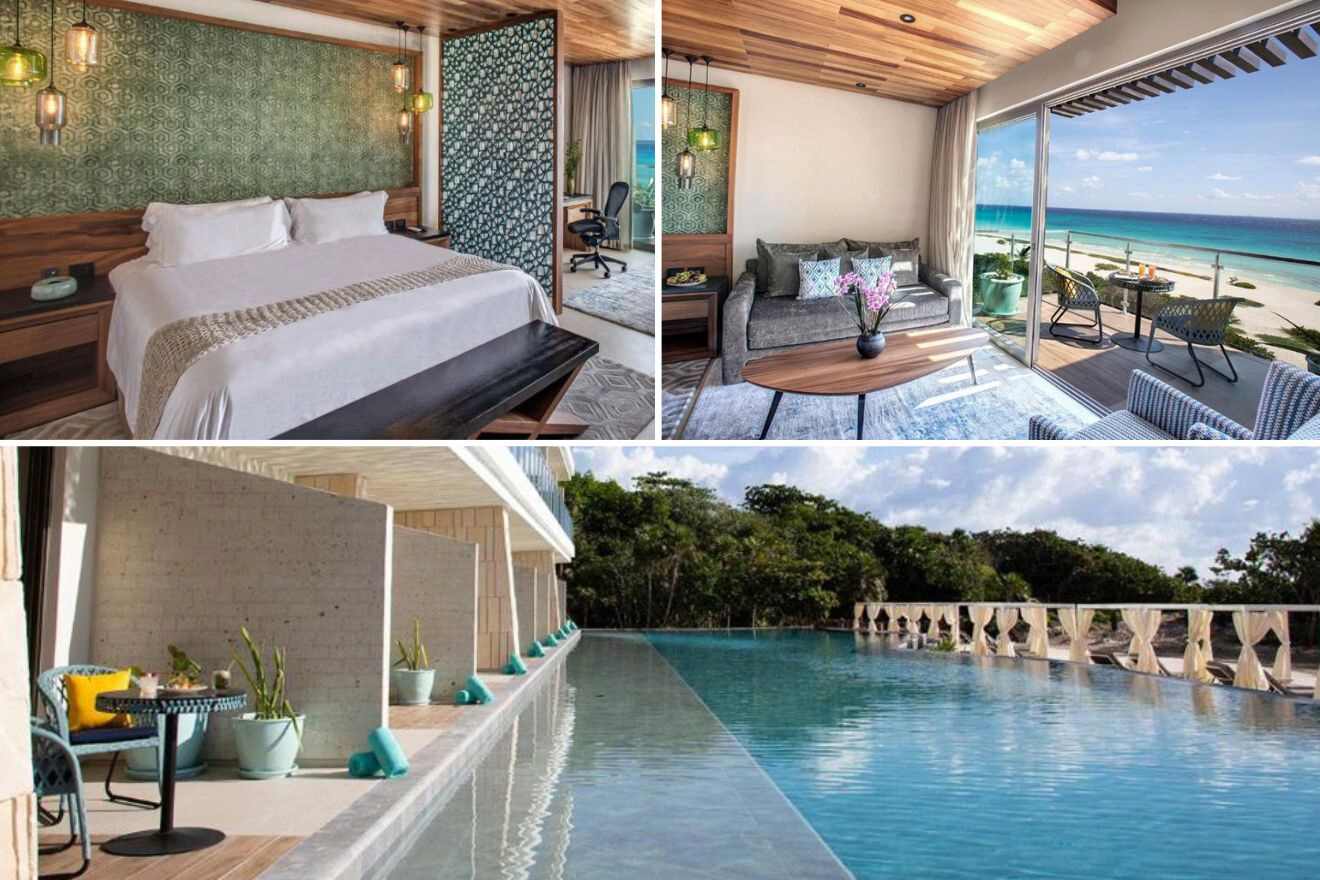 Collage of three hotel pictures: bedroom, living room with ocean view, and outdoor pool