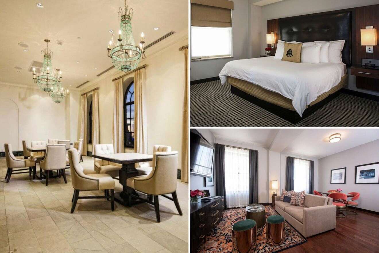 A collage of three photos: hotel dining area, bedroom, and living room