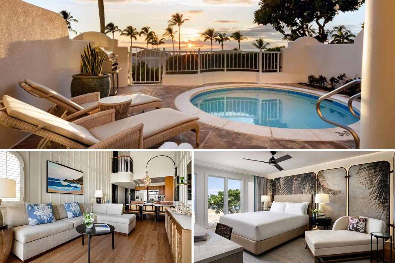 a collage of 3 photos: private pool, living room and bedroom  