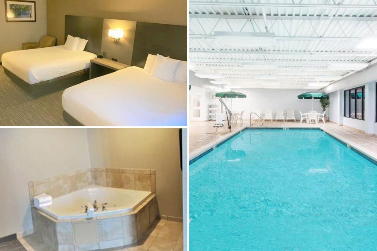 photo collage with swimming pool, bedroom and jacuzzi