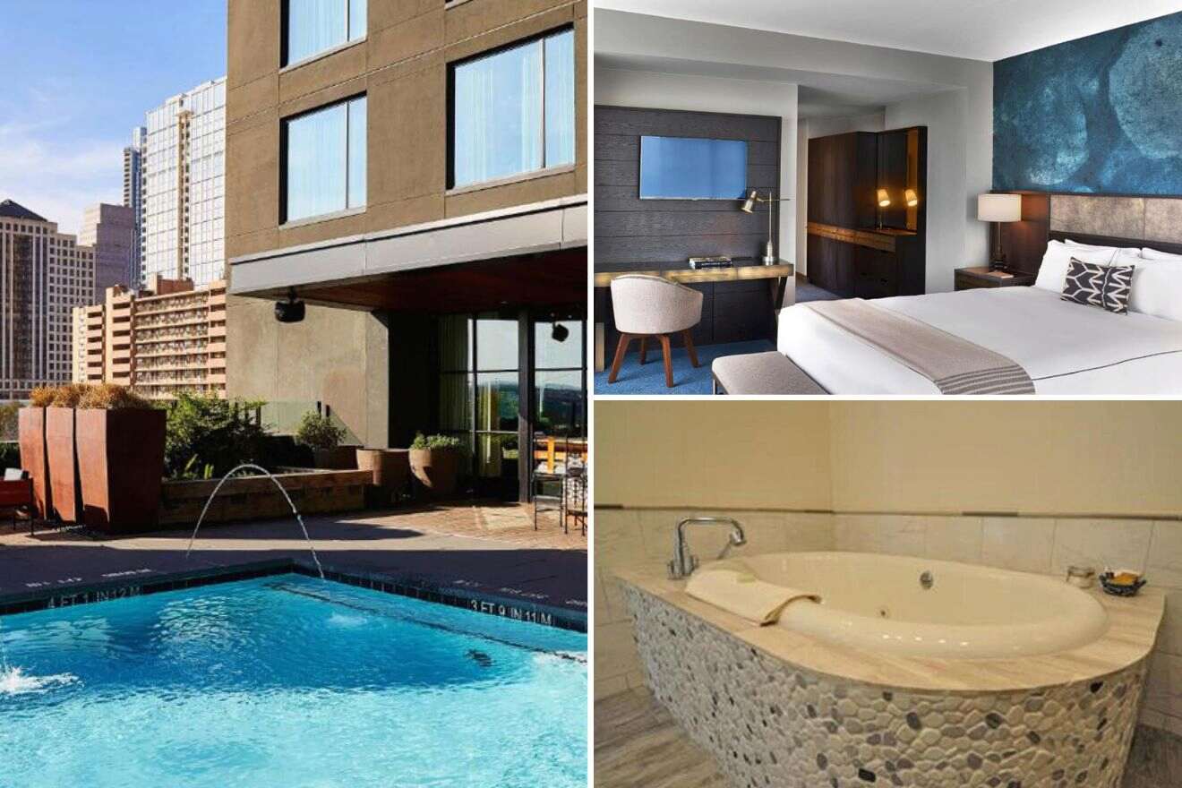 collage of 3 images with a swimming pool, bathtub and a bedroom