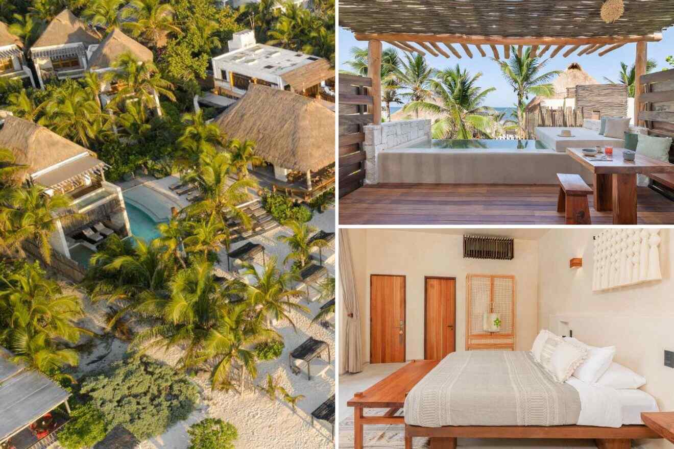 a collage of three photos: aerial view of the hotel, view of the outdoor private pool, and bedroom