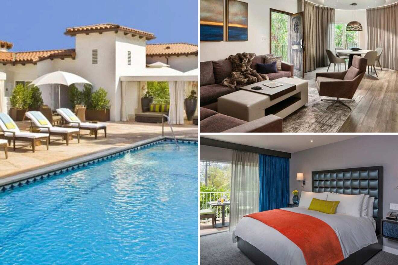 3 picture collage: swimming pool, bedroom and lounge area