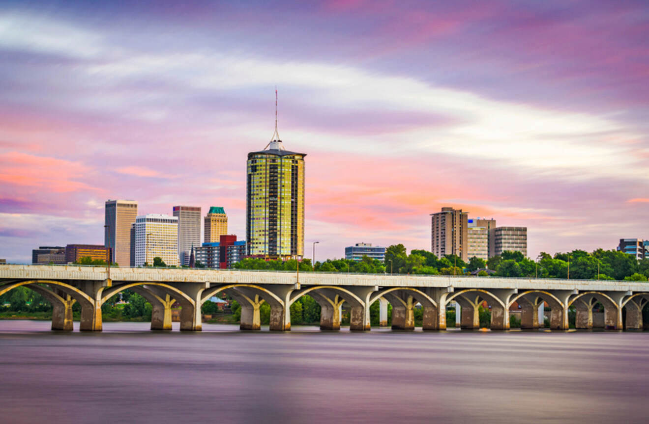 Panoramic view of Tulsa from the water at sunset