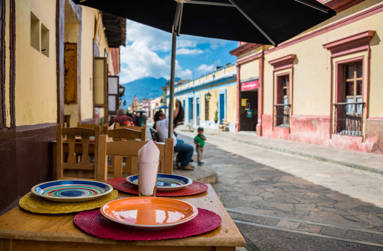 Restaurant view and sidewalk in San Cristobal de las Casas