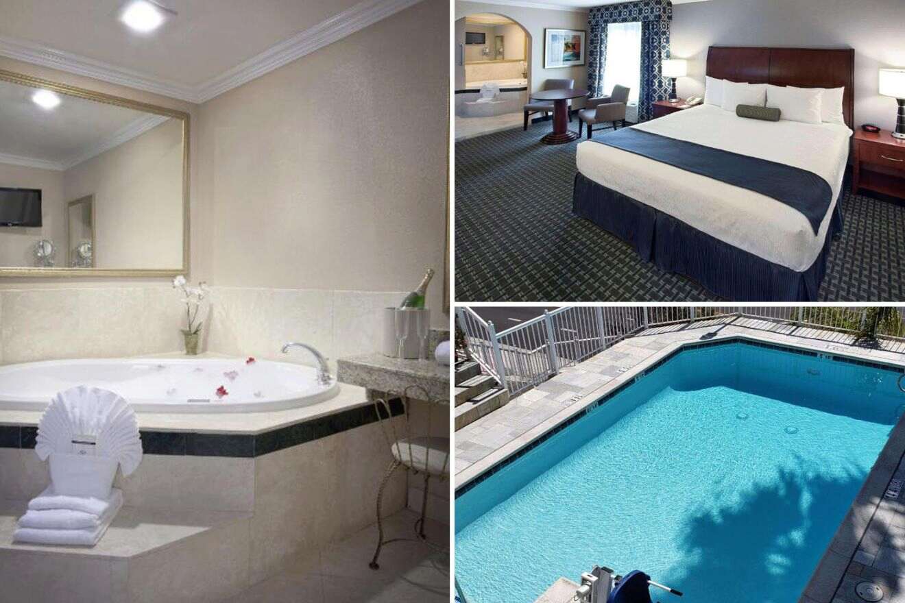 collage of 3 images with a swimming pool, bedroom and jacuzzi