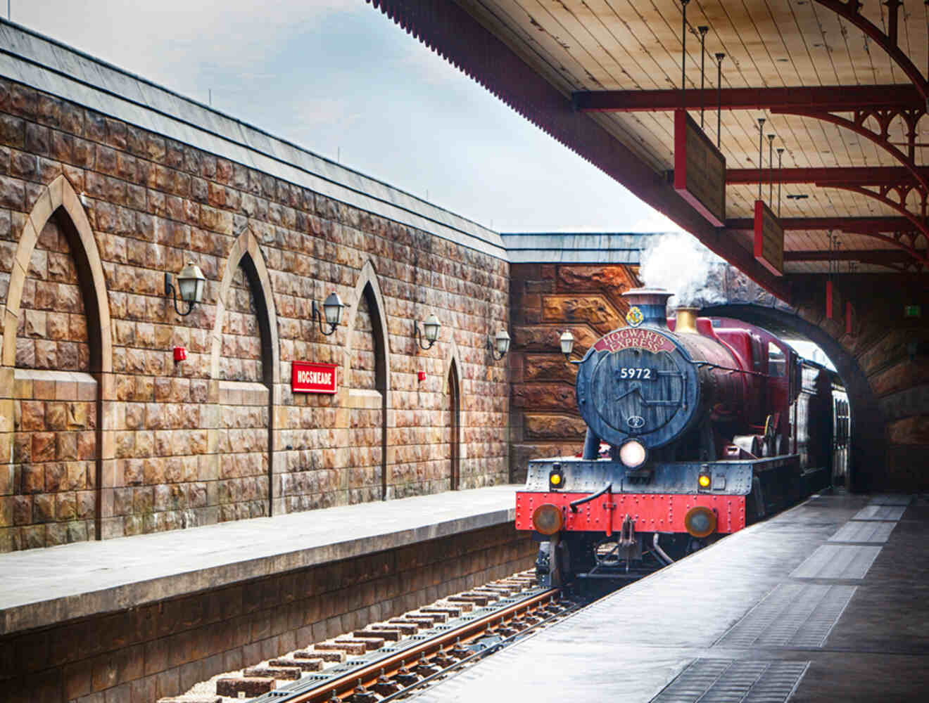 View of the Hogwarts Express train at the station