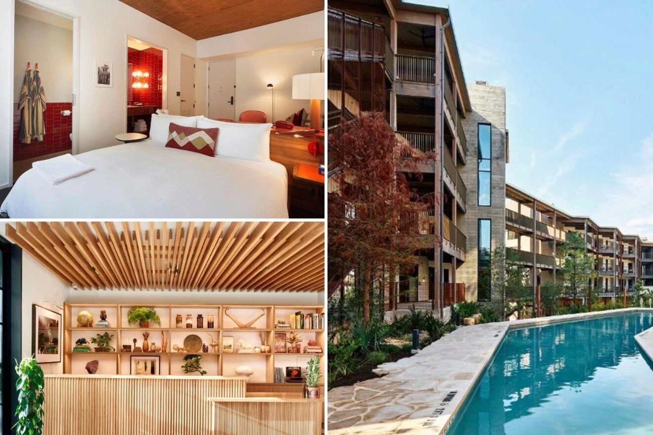 collage of three hotel photos: bedroom, lounge, and outdoor pool