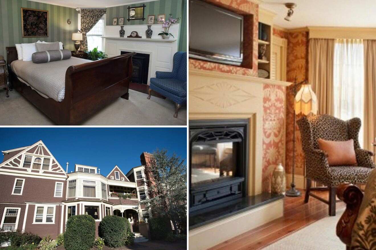 a collage of three photos: bedroom, view of the exterior of the hotel, and sitting area with fireplace