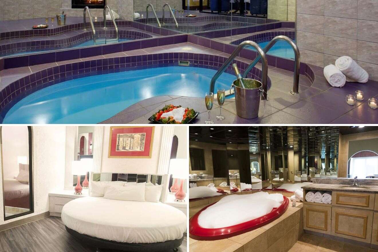 collage of 3 images with a bedroom, swimming pool and bath tub