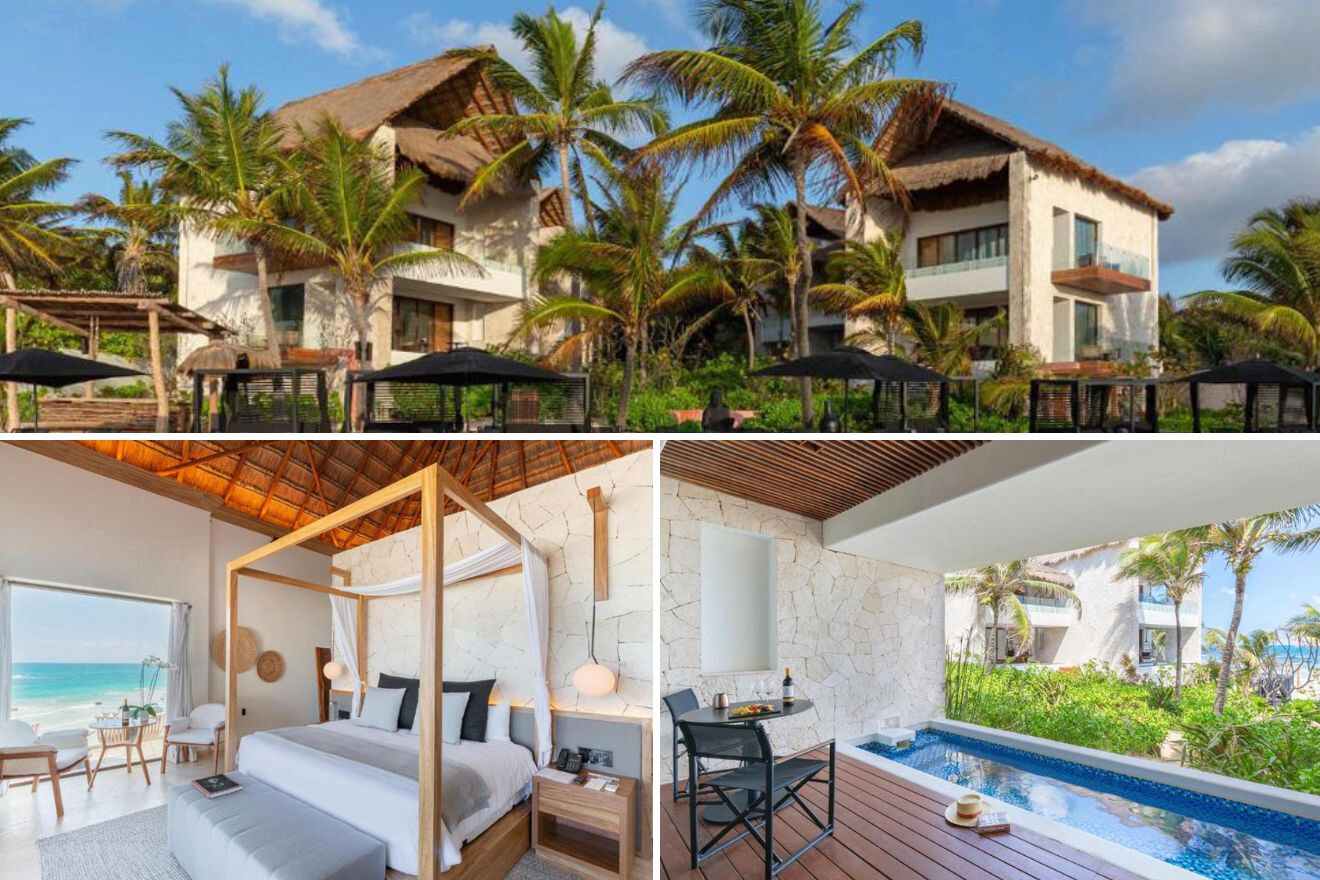 a collage of three photos: view of the exterior of the hotel, bedroom, and view of outdoor private pool with a view of the ocean
