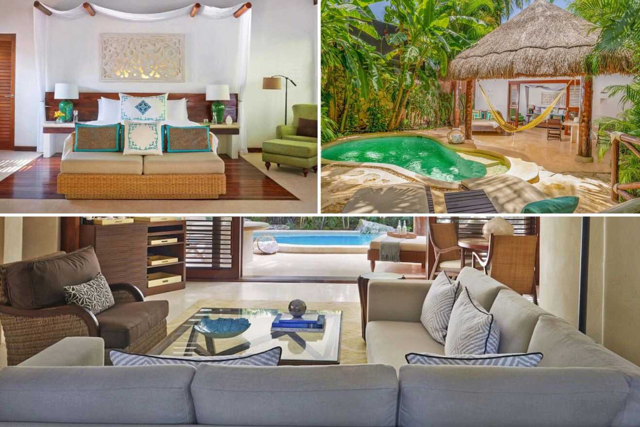 Collage of three hotel pictures: bedroom, private pool, and living room