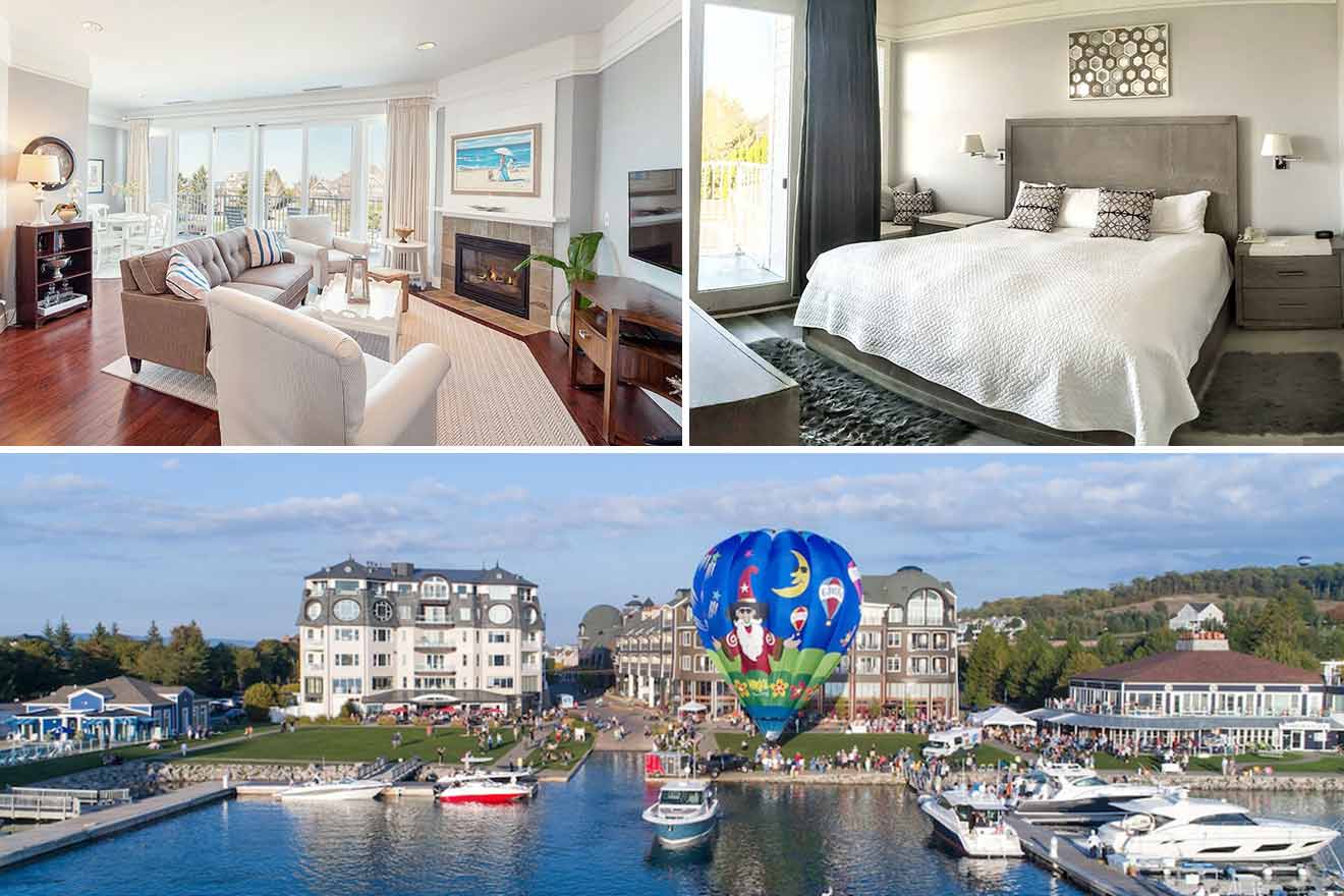 a collage with three photos: living room with fireplace, bedroom, and exterior view of hotel with a hot air balloon