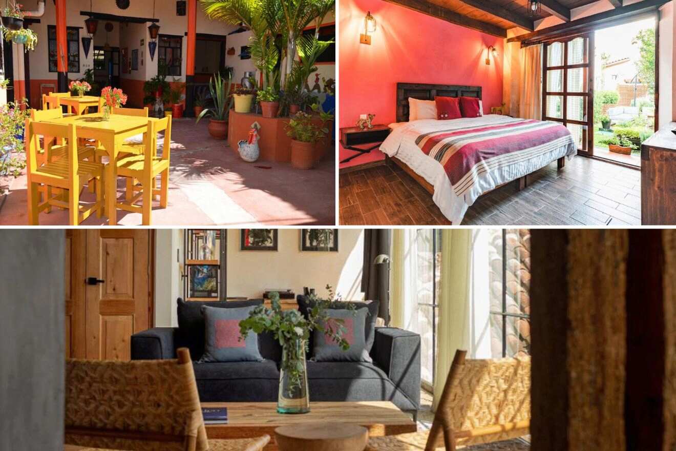 A collage of three photos: hotel yard, bedroom, and living room