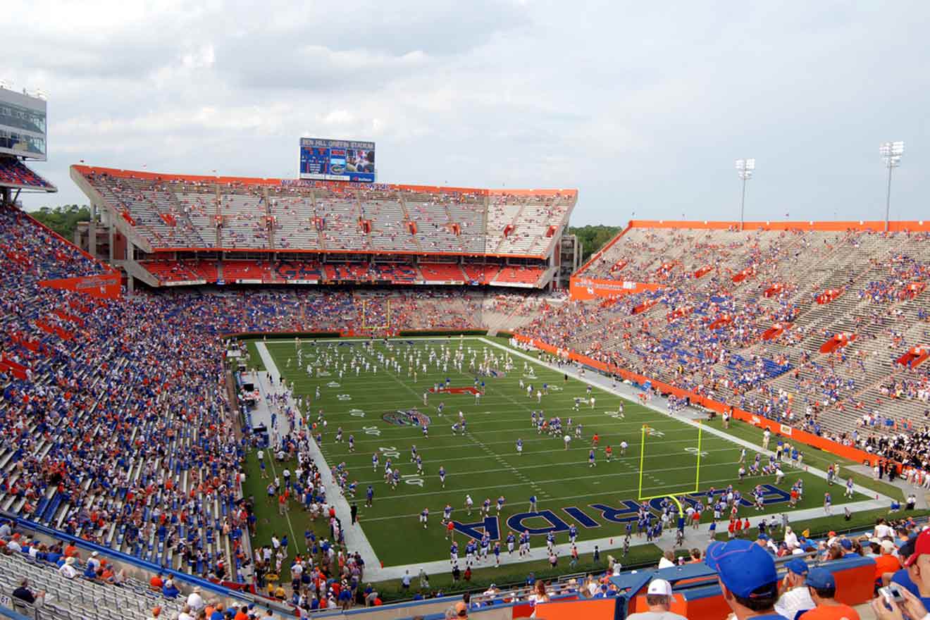 Aerial view of fans and a match at Ben Hill Griffin Stadium