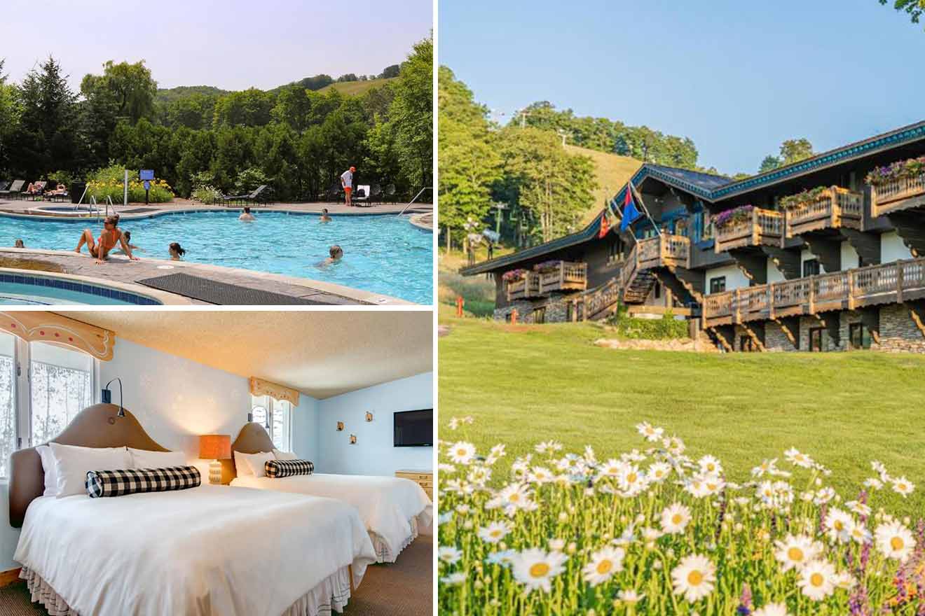 a collage with three photos: outdoor swimming pool, bedroom, and exterior view of the resort