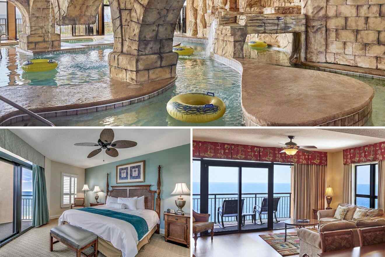 collage of 3 images with swimming pool, bedroom and lounge