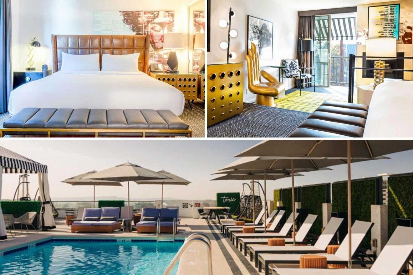 3 picture collage: swimming pool, bedroom and lounge area