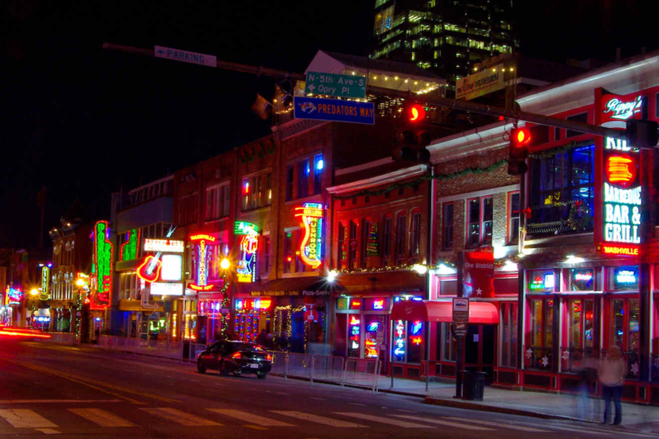 View of a lit-up street in Nashville at night